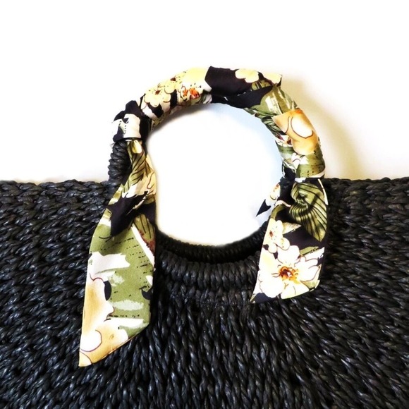 Black Woven Straw Handbag Floral Scarf Accent Beach Bag Tote Purse - Picture 7 of 10
